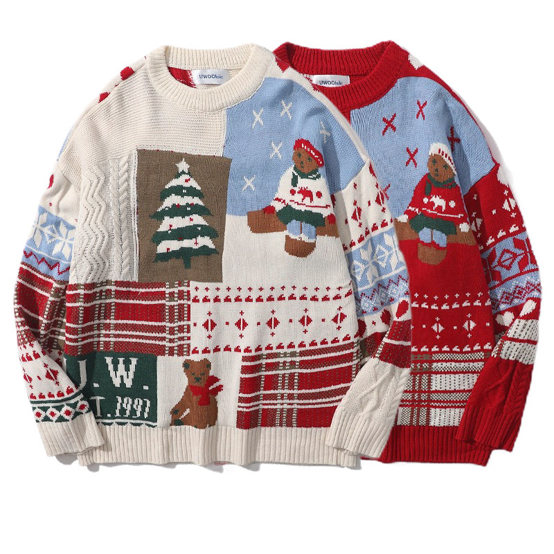 Explosiones transfronterizas de tamaño europeo de tamaño grande empalme camiseta de punto suéter hombre Navidad atmósfera oso otoño invierno fábrica al por mayor