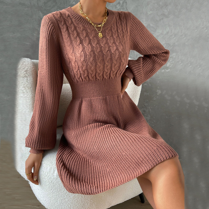 Women Clothing Spring Autumn Winter Waist Tight Slimming Retro Cable Knit Sweater Long Sleeve Dress