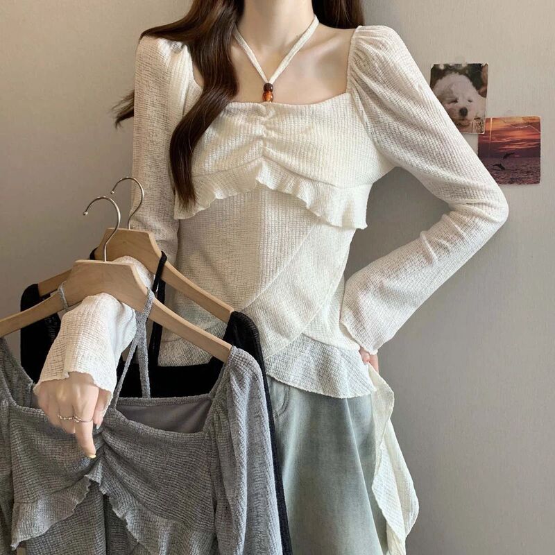 Plus Size Women's French Irregular Ruffled Halterneck Lace-Up Long-Sleeved Shirt Spring and Autumn New Style Slimming Top