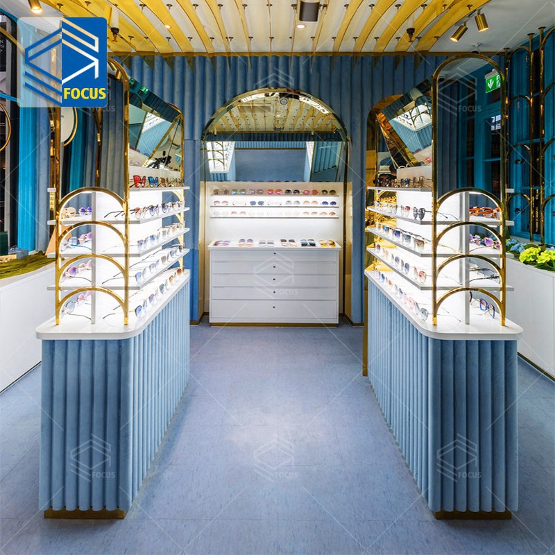 店铺整店装修设计货柜高端眼镜展架木纹烤漆陈列柜靠墙发光柜制作