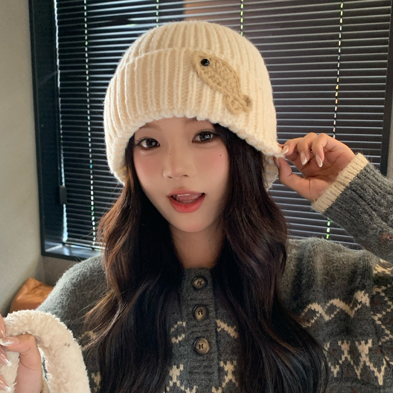 韩版秋冬季帽子女款时尚百搭毛线针织帽小鱼大头围护耳保暖包头帽|undefined