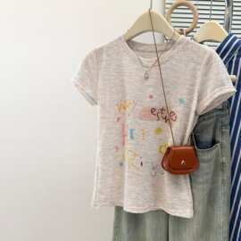 外贸实拍韩系字母涂鸦印花短袖T恤女夏季韩版修身内搭上衣图片色