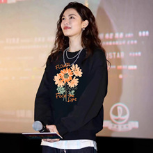 日本代购倪妮同款花卉黑色卫衣女秋冬加绒高级设计感韩版休闲上衣