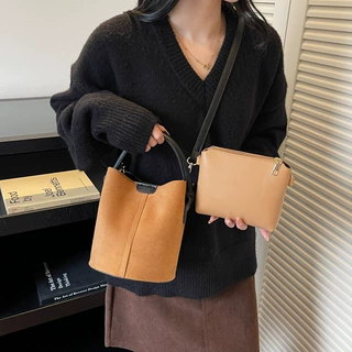 时尚复古风磨砂麂皮绒两件套女士水桶包精致通勤逛街女单肩斜挎包
