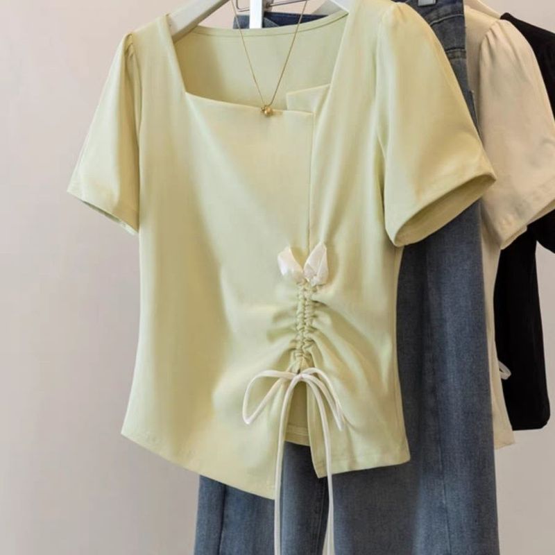 大きいサイズの不規則な巾着スクエアネック半袖Tシャツ、女性用、夏の新しいスタイル、太めの女性向け、ゆったり、スリム、多用途のアウタートップス|undefined