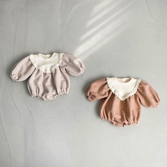 Baby spring velvet jumpsuit for girls, furry lace collar, newborn clothes, winter rompers