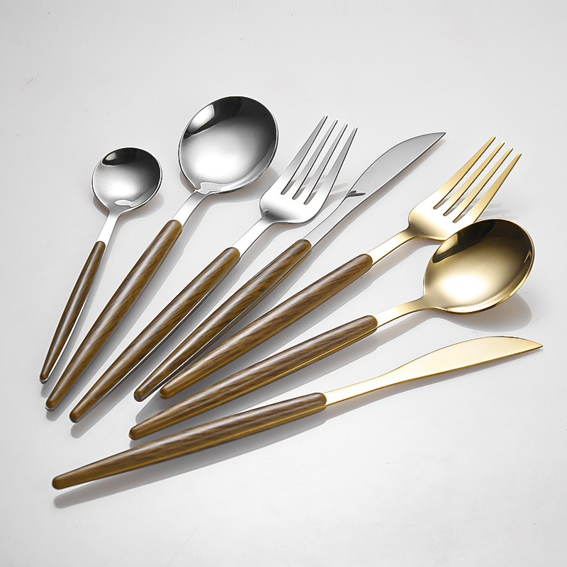 Net red Portuguese tableware imitation wooden handle stainless steel knife and fork spoon suit western tableware dessert spoon steak knife wholesale