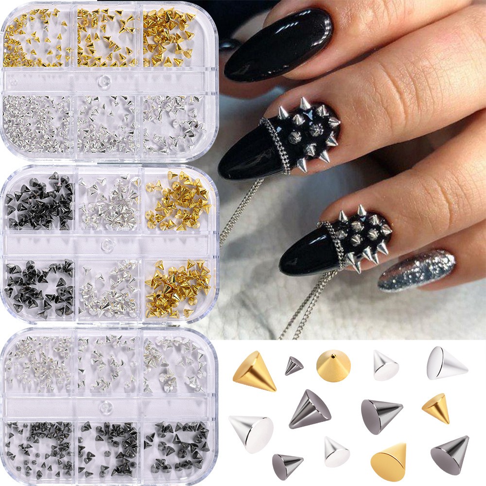 Cross-Border 6-Grids Punk Style Cone Rivet Nail Art Jewelry Black Silver Gold Bullet Rivet Mixed Nail Art Jewelry