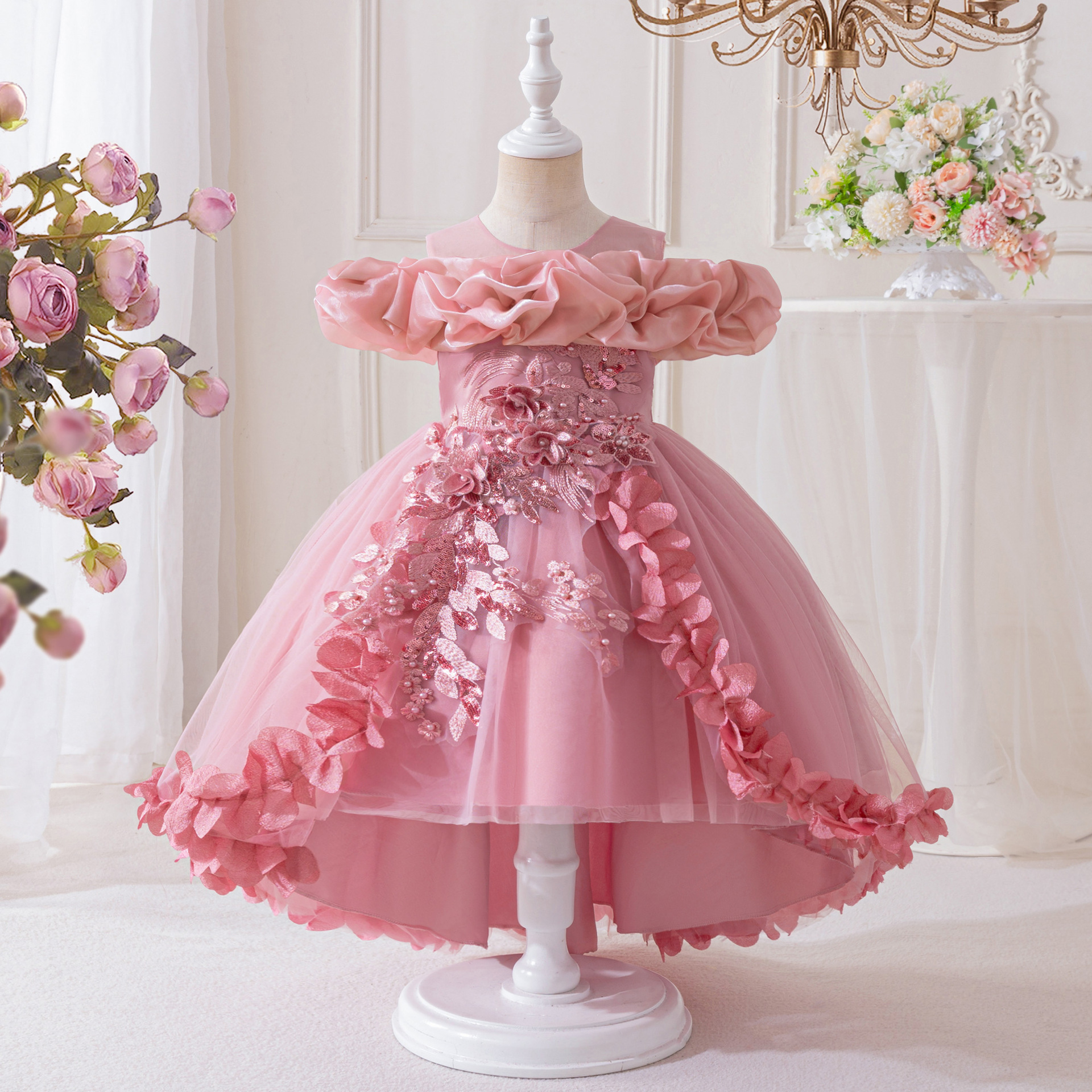 Amazon vestido infantil de lujo ligero red vestido de princesa vestido de boda banquete piano show vestido de hombro