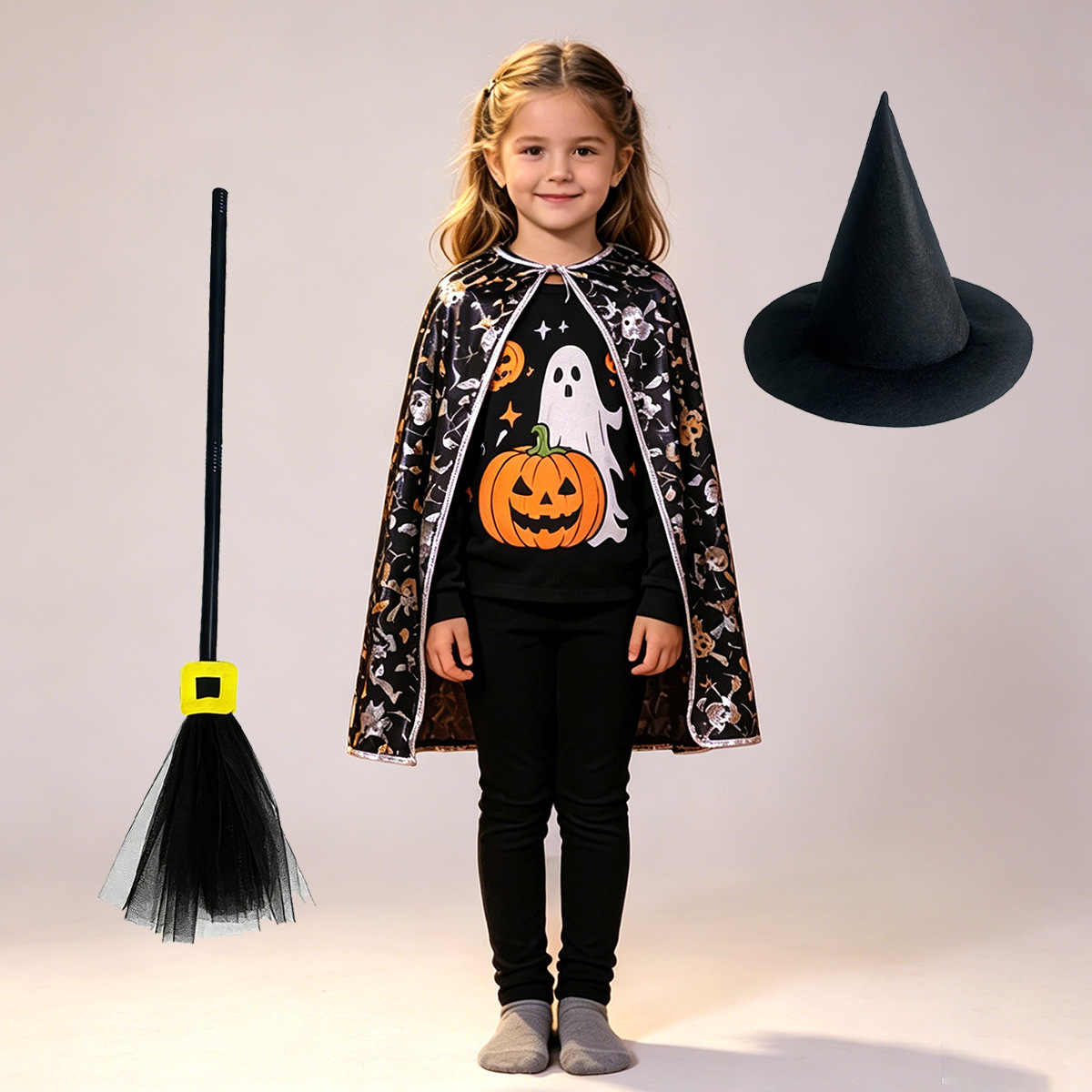 CA264005+round rim black witch hat+black gauze square button broom