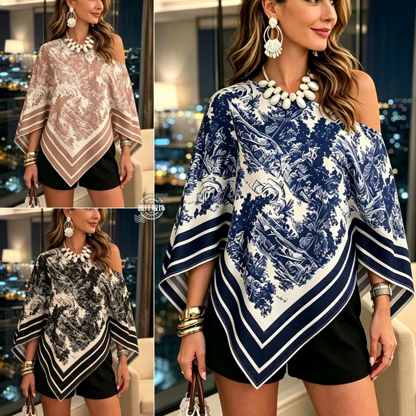 2027 Spring/Summer New Fashionable and Elegant Printed Loose One-Shoulder Asymmetrical Three-Quarter Sleeve Top in Old Money Style