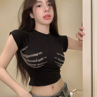 辣妹高街烫钻短袖t恤女夏装性感小个子休闲百搭紧身短款露脐上衣