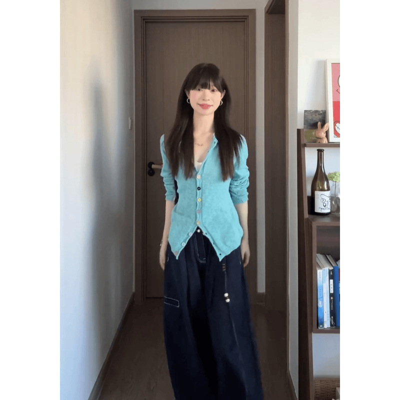 女生韩系ins衣服蓝色V领显白长袖针织衫上衣牛仔裤套装|undefined