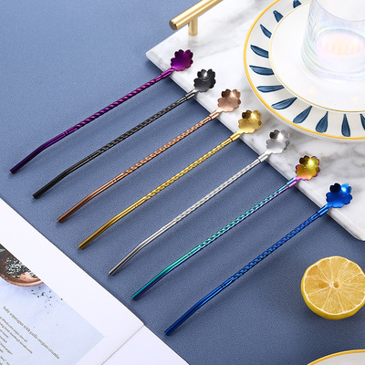 食品级304不锈钢吸管勺套装 奶茶店加长彩色金属樱花吸管勺子一体|ru