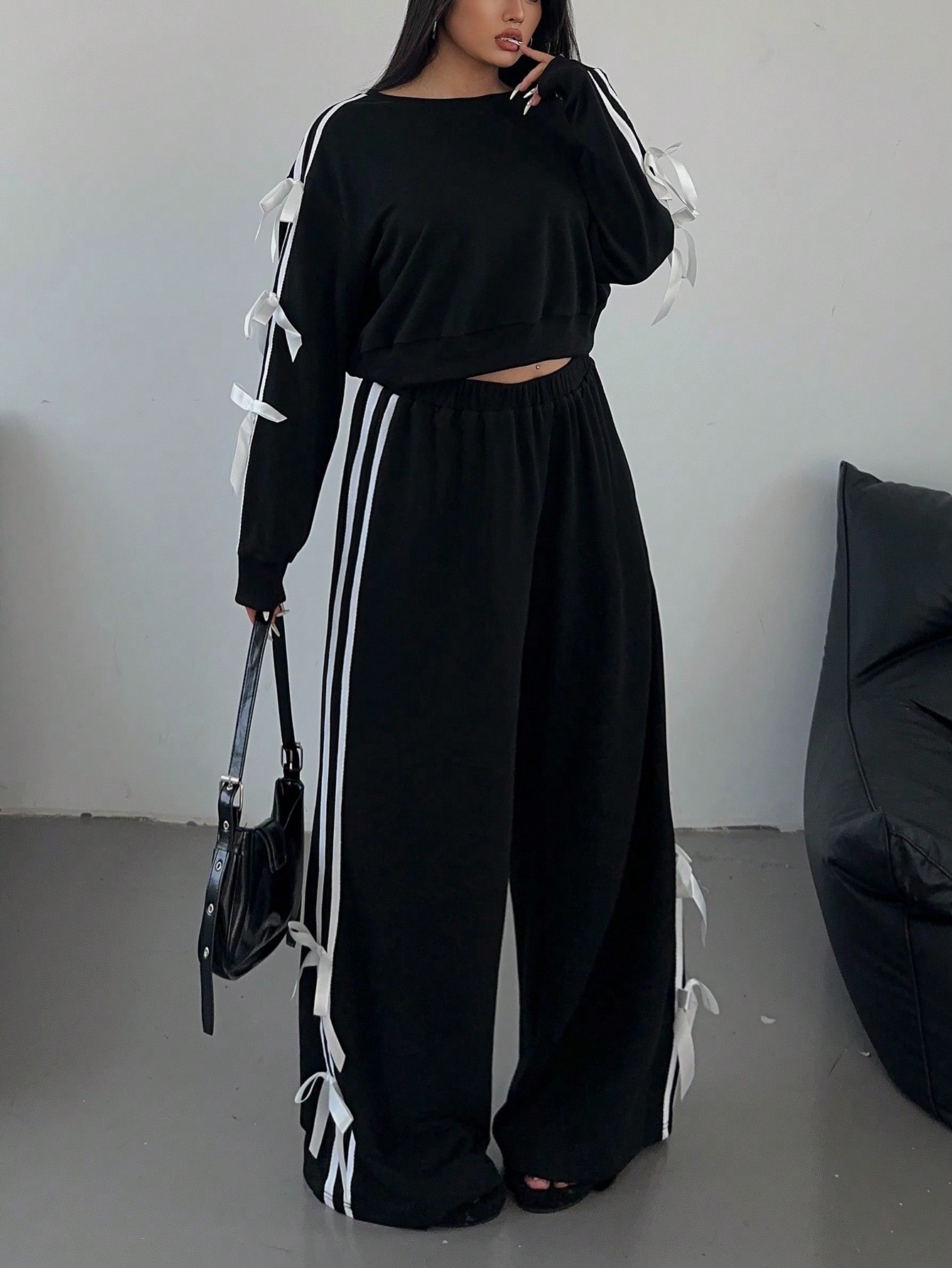 Plus Size Fashionable Casual Style Bow Design Women's Set Autumn Winter Style_ecoleips.com