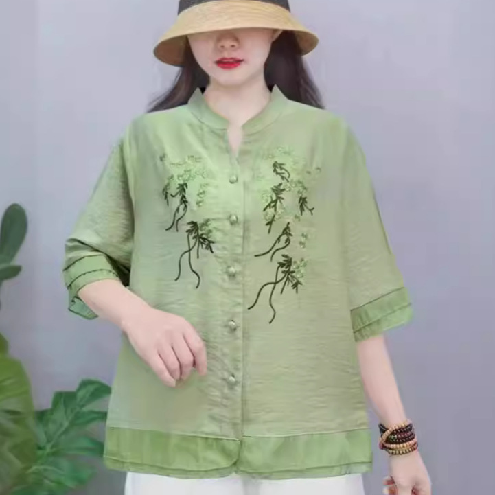 2024年夏季新款天丝棉麻衬衫女韩版刺绣衬衣立领开衫文艺复古上衣