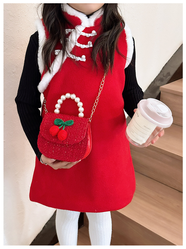 Women's Cotton And Linen Plaid Cherry Bow Knot Cute Beading Pearls Shell Flip Cover Crossbody Bag display picture 32