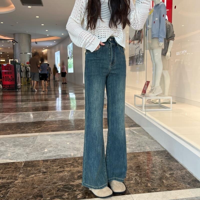 아메리칸 스타일 레트로 블루 씻은 마이크로 라 청바지 여성의 가을과 겨울 짧은 높은 허리 스트레이트 말굽 긴 바지