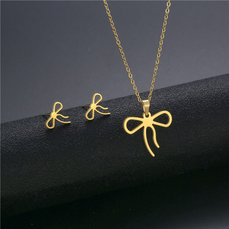 simple bow pendant stainless steel necklace earrings set