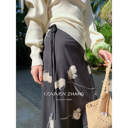 CZ ZHANG十三行新中式国风水墨印花束绳垂感直筒半身裙春季12152