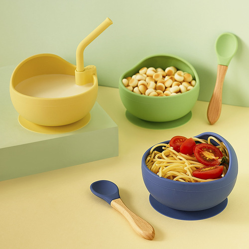 儿童硅胶碗一体式婴儿辅食吸盘碗勺子吸管套装宝宝练习吃饭餐具