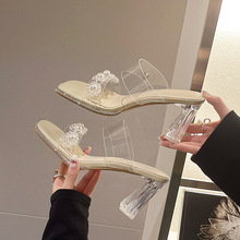 法式水钻透明水晶跟凉鞋女夏2024凉新款鞋粗跟拖鞋高跟外穿凉拖款