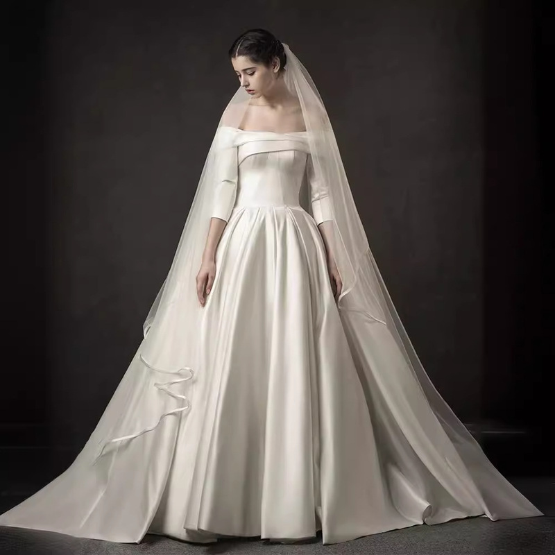 2026 New Foreign Trade Wedding Dress, Vintage Satin Trailing Gown for Brides, Simple Internet Celebrity Style, Off-Shoulder Ball Gown Evening Dress
