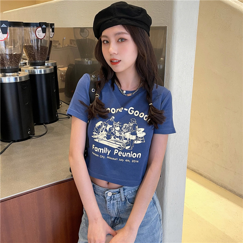2022 Summer Korean Style Short Slim-fit Short-sleeved T-shirt Women's Round Neck High Waist Navel-exposed Printed Base-layer Shirt Top ins Trendy