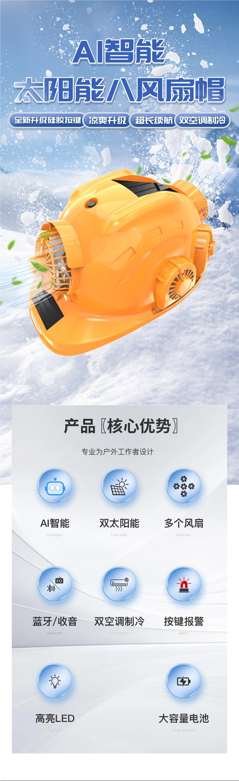 Solar-powered safety helmet with a built-in fan and air conditioning system for cooling, suitable for summer construction sites, and can be charged; a cooling device for adults