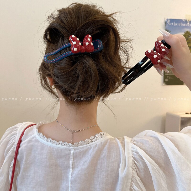 Elegant Red Bow Duckbill Clip for Women, High-End 2025 New Style One-Line Hair Clip for Back of Head, Hairpin