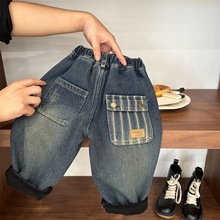 儿童男童牛仔裤2025冬季宝宝女童长裤加厚抓痕个性口袋一体绒裤子