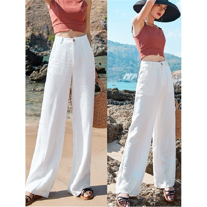 Linen Wide-Leg Pants, Summer Thin Casual Pants for Women, Loose Slimming Look Cotton and Linen Women's Clothing, Drapedy High-Waisted Straight Long Pants