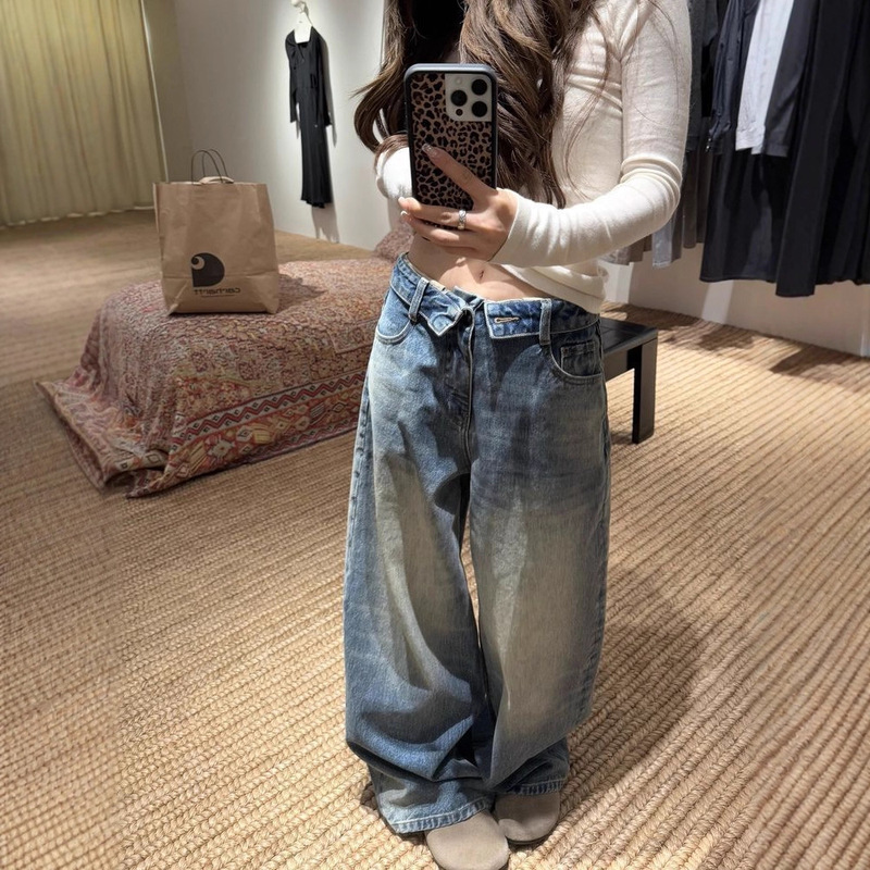 Plus-Size American-Style Washed Loose Wide-Leg Cuffed Jeans for Women, New Autumn Style, Loose Drapey Floor-Length Straight Pants