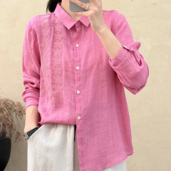 斜纹苎麻刺绣翻领长袖衬衫女2025秋季新款文艺气质百搭上衣衬衣