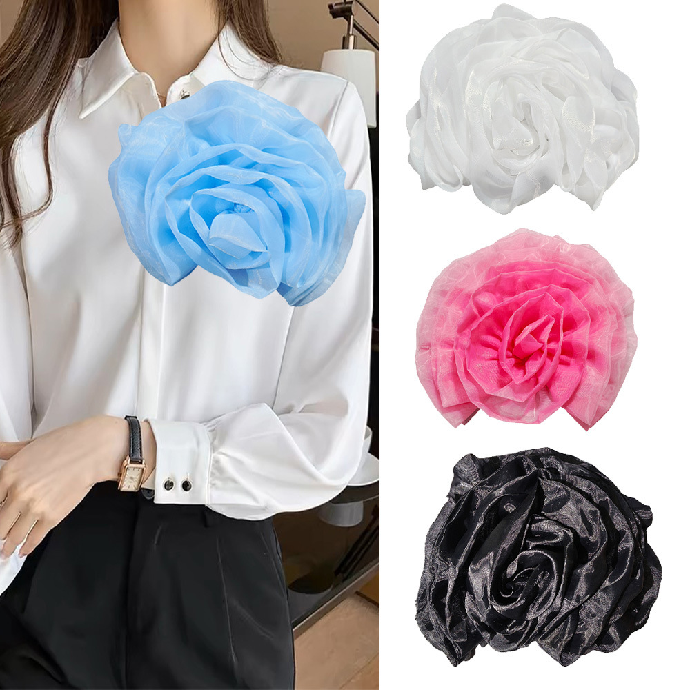 跨境批发韩版时尚网纱立体玫瑰花胸花服装礼服配饰辅料短款装饰品