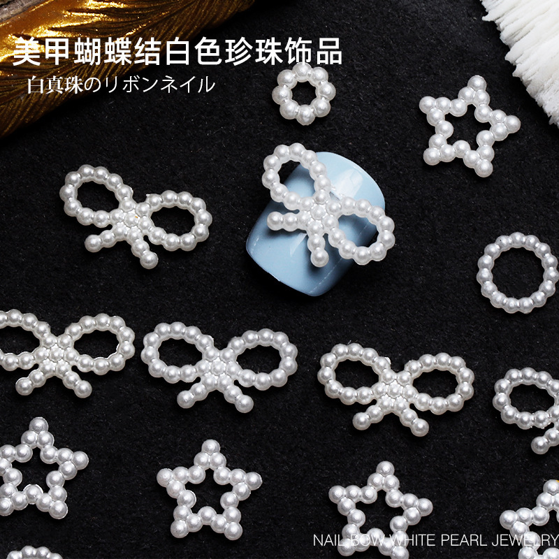 Nail Art Accessories White Pearl Hollow Bow Nail Decoration Japanese Style Star Model with Pearls Manufacturer Wholesale