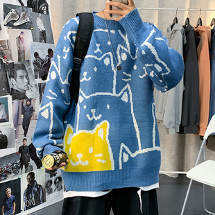 2021 Autumn and Winter New Cat Sweater Men's Loose Casual Trendy Brand Round Neck Sweater Korean Style Couple's Trendy Coat