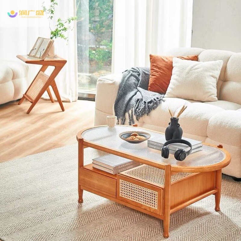 Japanese Rattan Coffee Table Living Room Home Modern High-end Small Apartment Glass Tea Table Double-layer Round Solid Wood Tea Table