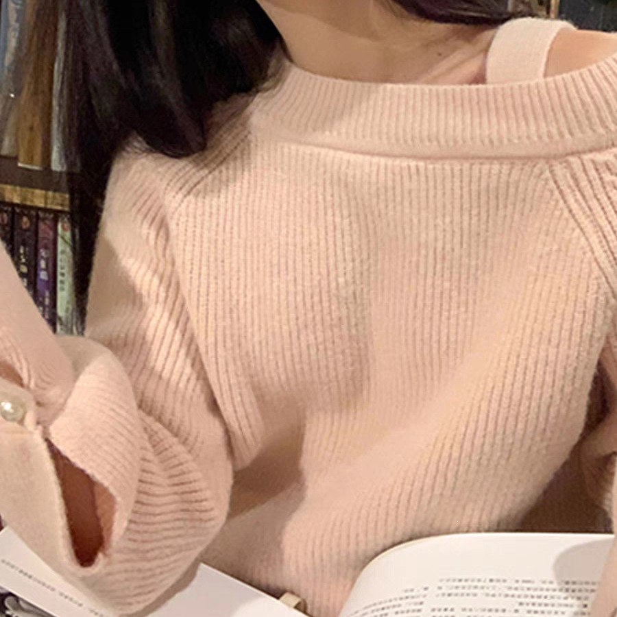 温柔风奶fufu的毛衣女秋冬外穿宽松露肩上衣设计感小众软糯羊绒衫