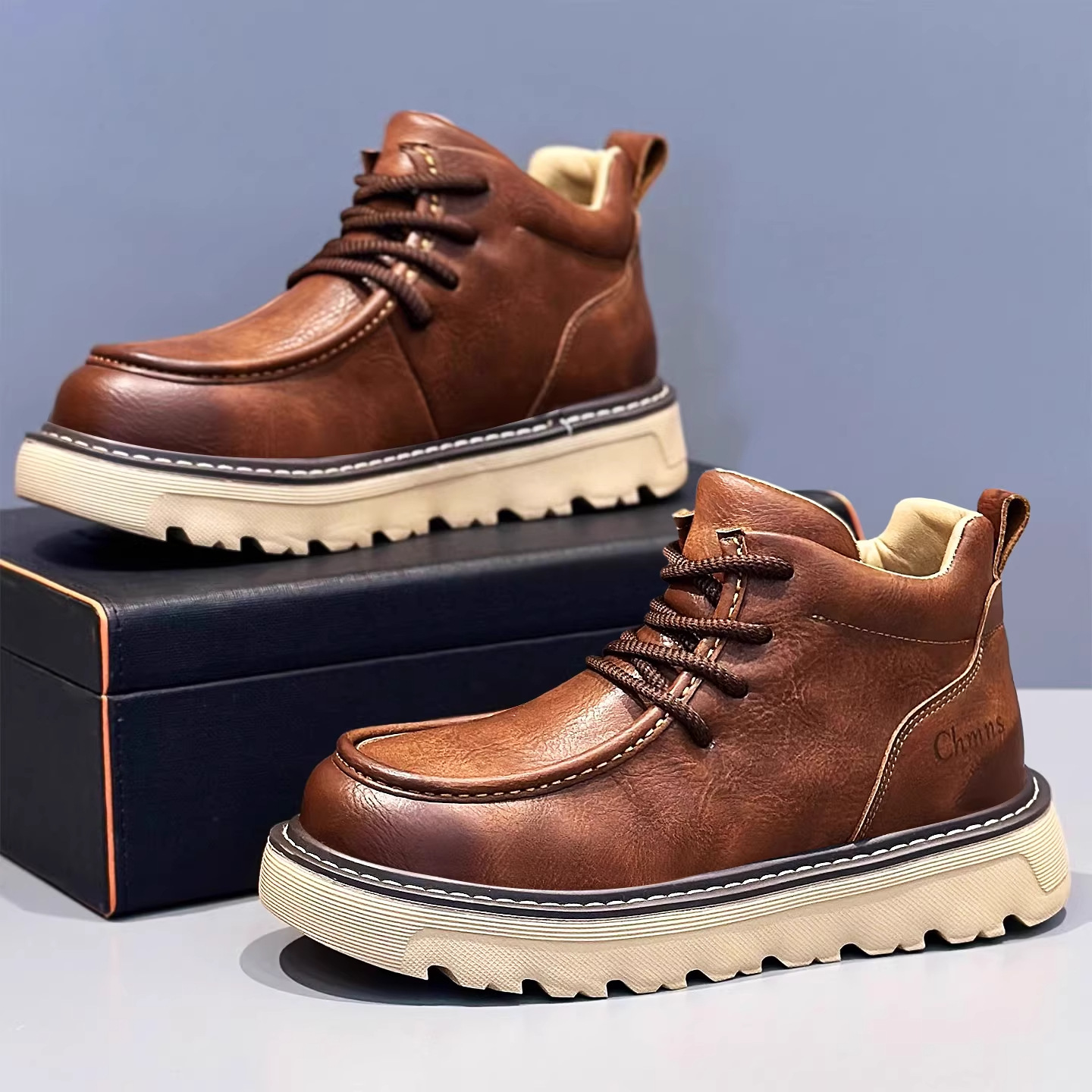 High-Top Men's Shoes, Winter Waterproof and Non-Slip, Old Beijing Style Casual Sports Leather Shoes, Thick-Soled Height-Increasing Work Boots, Short Boots
