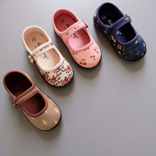  Autumn Corduroy Floral Canvas Shoes Girls Kindergarten Square Mouth Indoor Shoes Soft Sole Anti-Slip 1-8 Years Old