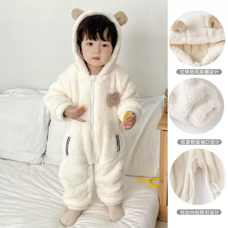 婴儿连体衣冬装加厚双层毛绒保暖哈衣超萌婴幼儿外出服小熊爬服
