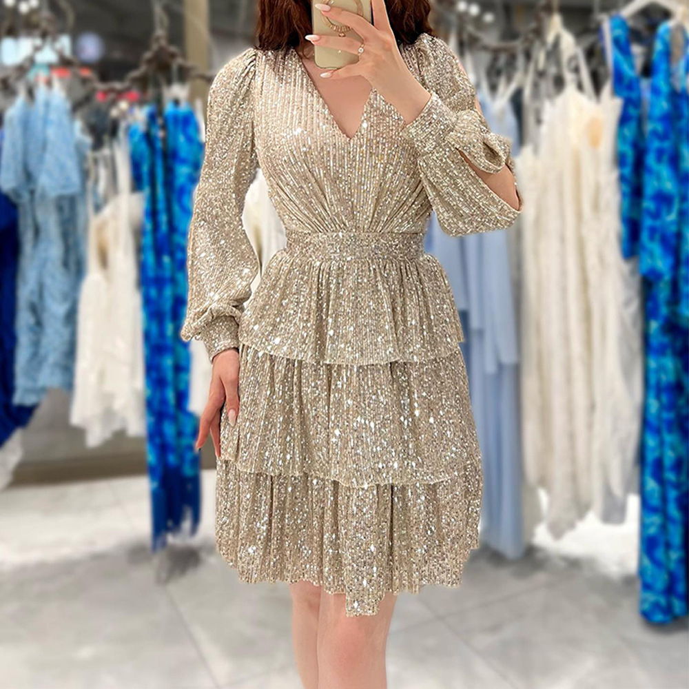 Holiday, Daily Occasion V Neck Neckline Wholesale Women's Streetwear Sequins Glittery Solid Color Holiday Daily V Neck Long Sleeve Sequin Dress