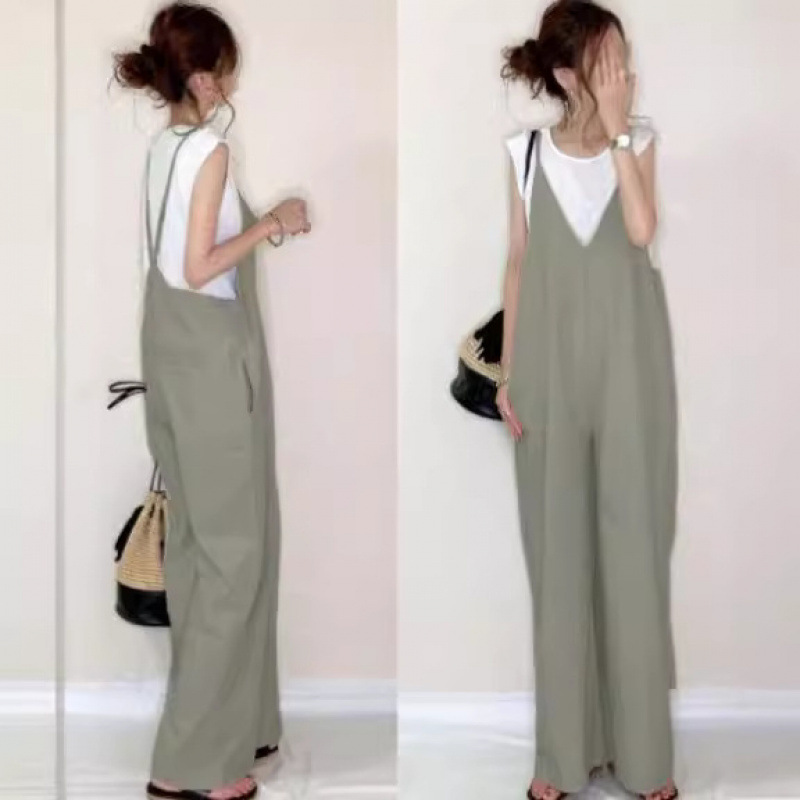 In-Stock V-Neck Jumpsuit for Women 2025 Summer New Japanese Style Loose Versatile Patchwork Casual Wide-Leg Pants