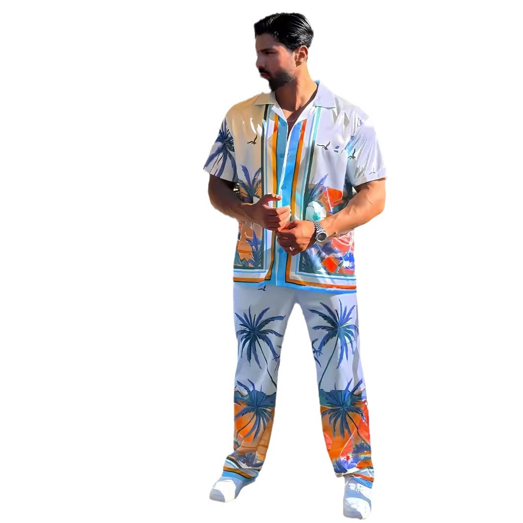 Monochrome Man – Neuer europäischer und amerikanischer Herren-Strandanzug mit Umlegekragen, kurzen Ärmeln und langer Hose, Digitaldruck._voghion.com
