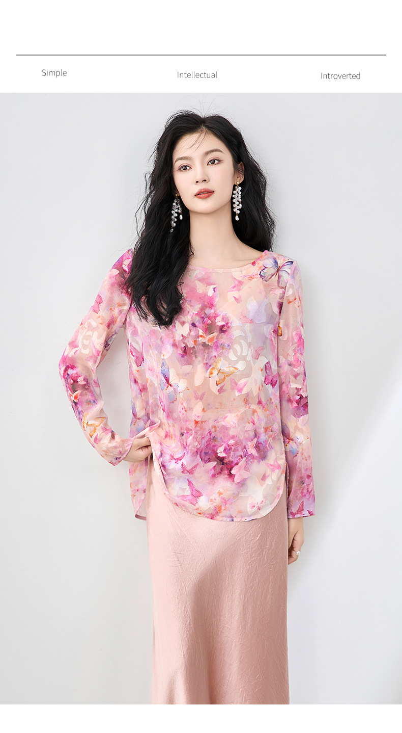 Áo sơ mi cổ tròn phong cách Tân Trung Hoa, chất liệu voan cắt hoa thanh lịch, tay ngắn mùa hè — Hoa bướm màu hồng chi tiết 2