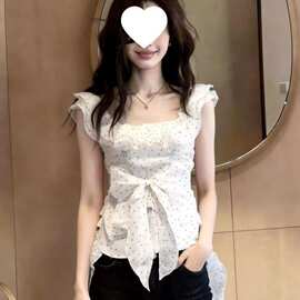 法式复古波点拼接蝴蝶结荷叶边方领无袖衬衫女2026夏季新款上衣潮