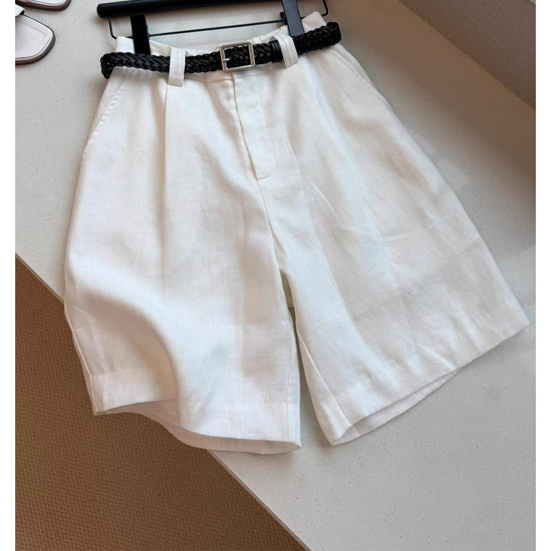 Highly Recommended! Minimalist White Linen High-Waisted Shorts for Women, Loose and Slimming Mid-Length Shorts for a Relaxed Look