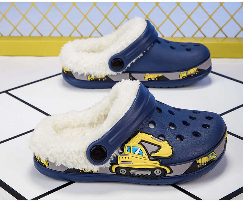 Giày clog trẻ em lót lông tháo rời họa tiết hoạt hình — —6 màu hồng, —6 màu đen, —6 xanh dương chi tiết 15