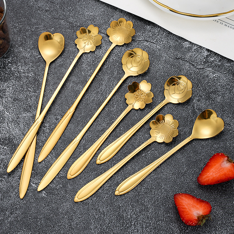 Colher de café em aço inoxidável com design criativo de ninho de pássaro, na cor dourada com sakura, ideal para mexer café._voghion.com